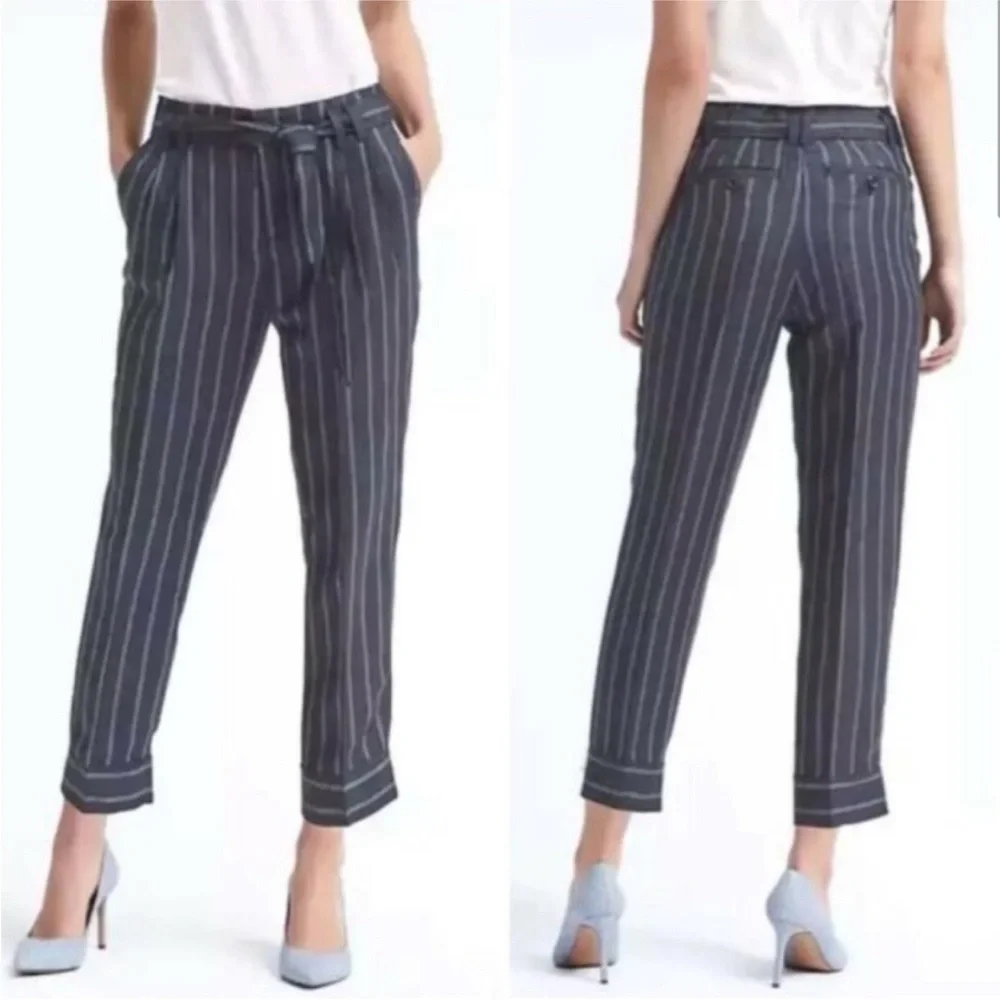 NWT BANANA REPUBLIC LUXE LINEN AVERY VERTICAL STRIPE PANTS SIZE 0 STRAIGHT‎ LEG